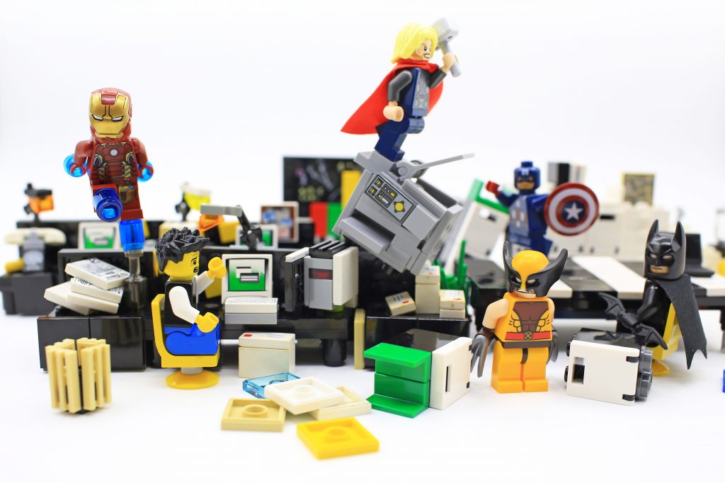Avengers superhero Lego characters take over a Lego office